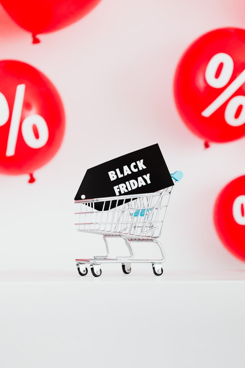 Shopping cart with sale tags and discount prices